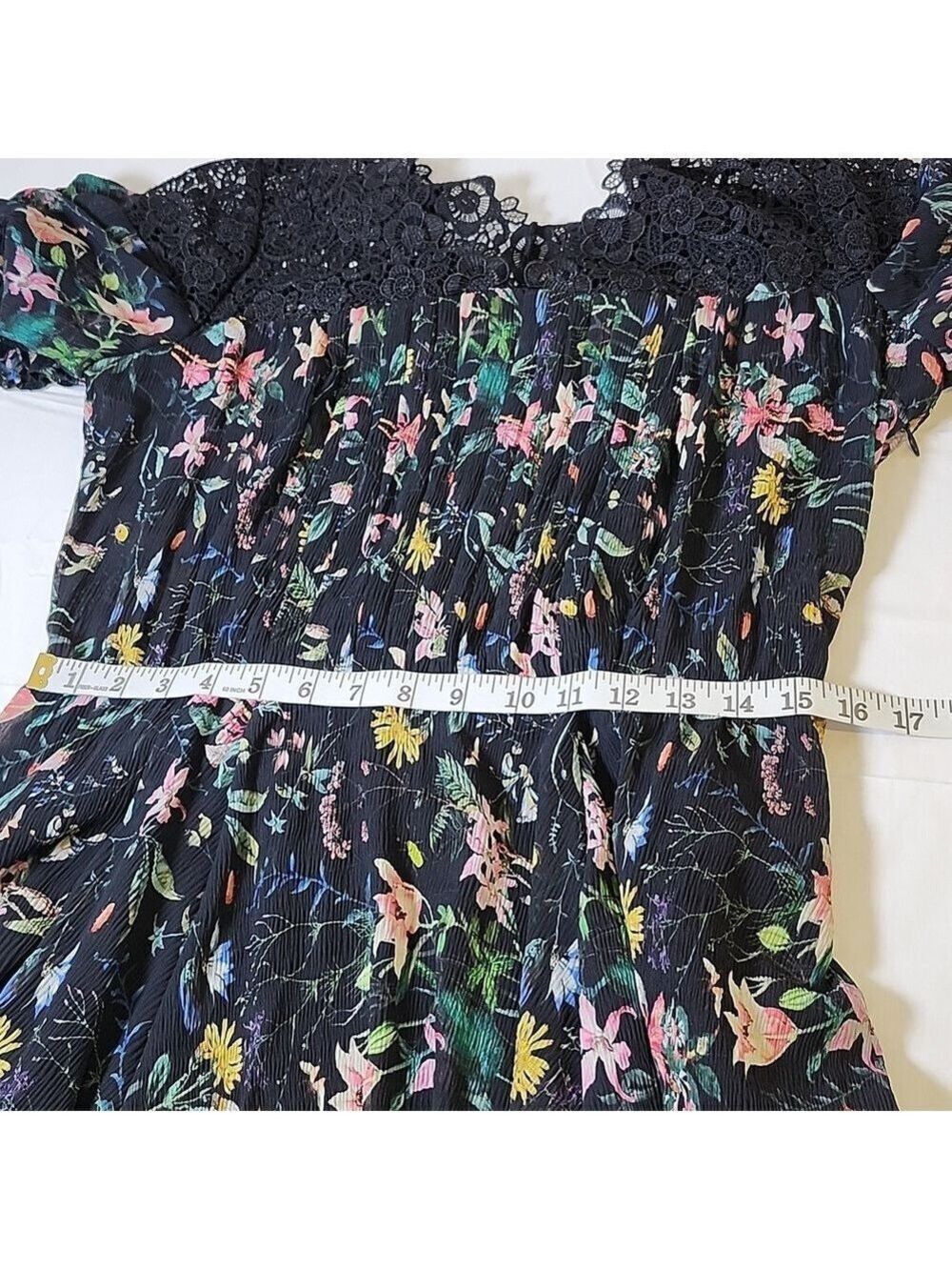 The Kooples Black Floral Midi Dress Lace Inset Top Size Medium Puff Sleeves - Picture 8 of 10